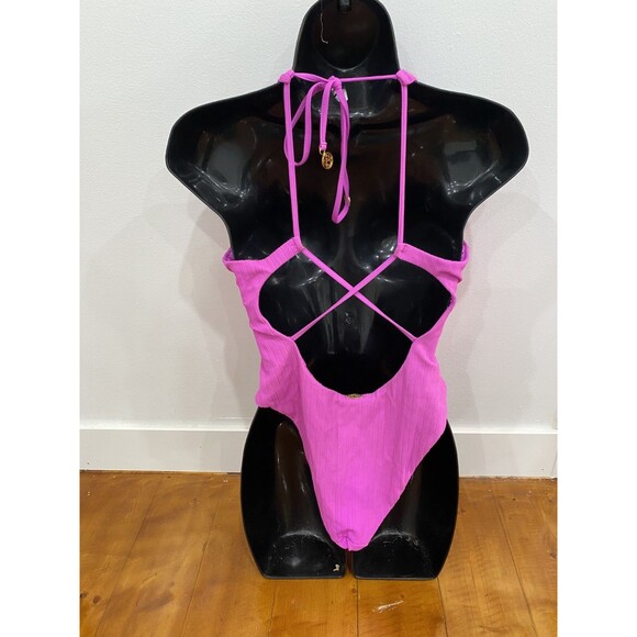 READ! Luli Fama Size M/L Pink Gold Embellishment VNeck Halter One Piece Swimsuit - Picture 3 of 6